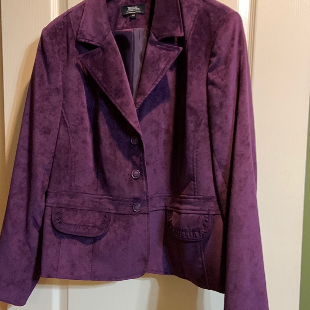 Blazer -Fitted Velour three button w/two usable flap pockets.  Purple in color